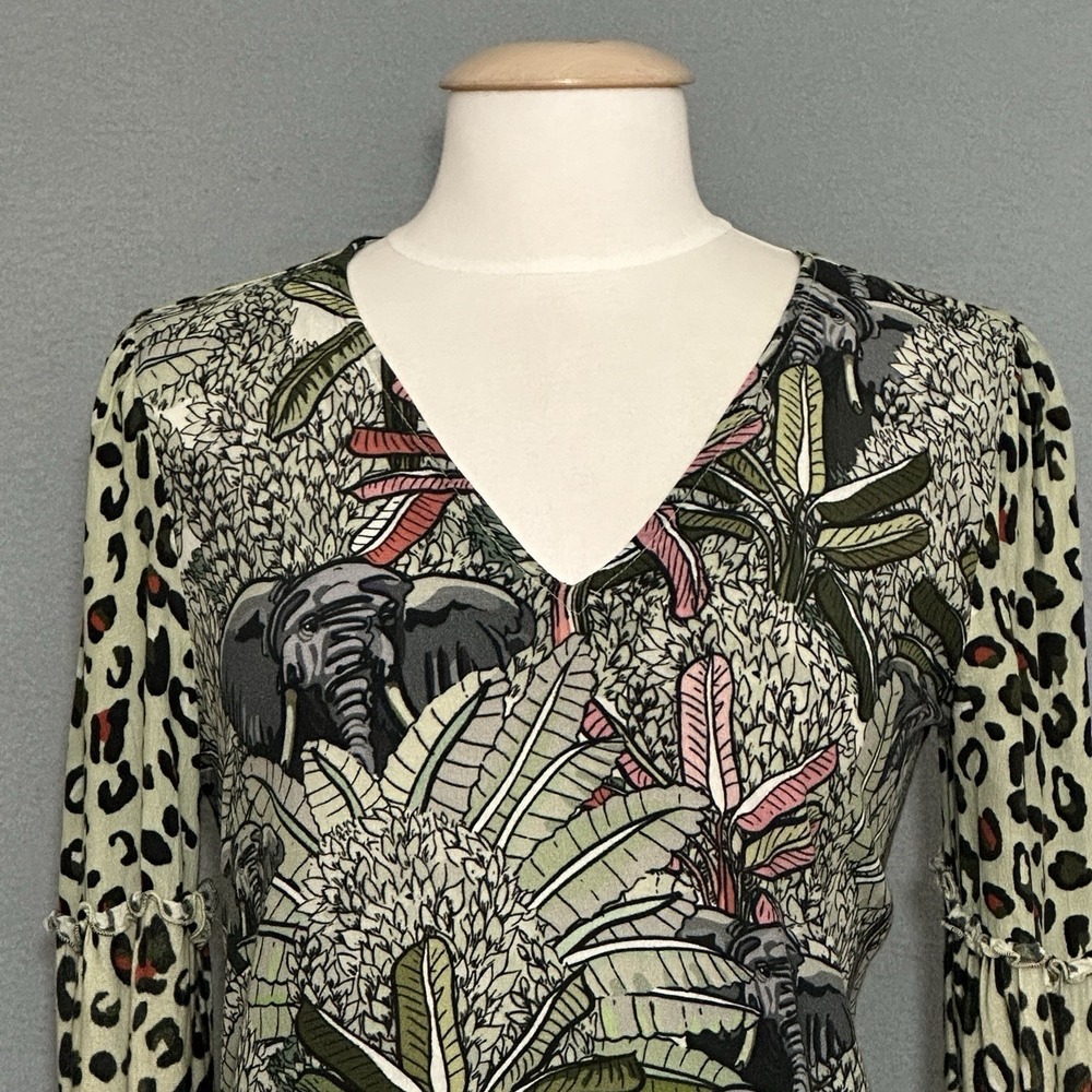 Bl-nk London Anthropologie Womens Top M Sibley Safari Cheetah Elephant Wildlife - Picture 3 of 13